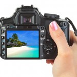 Camera in hand and beach landscape